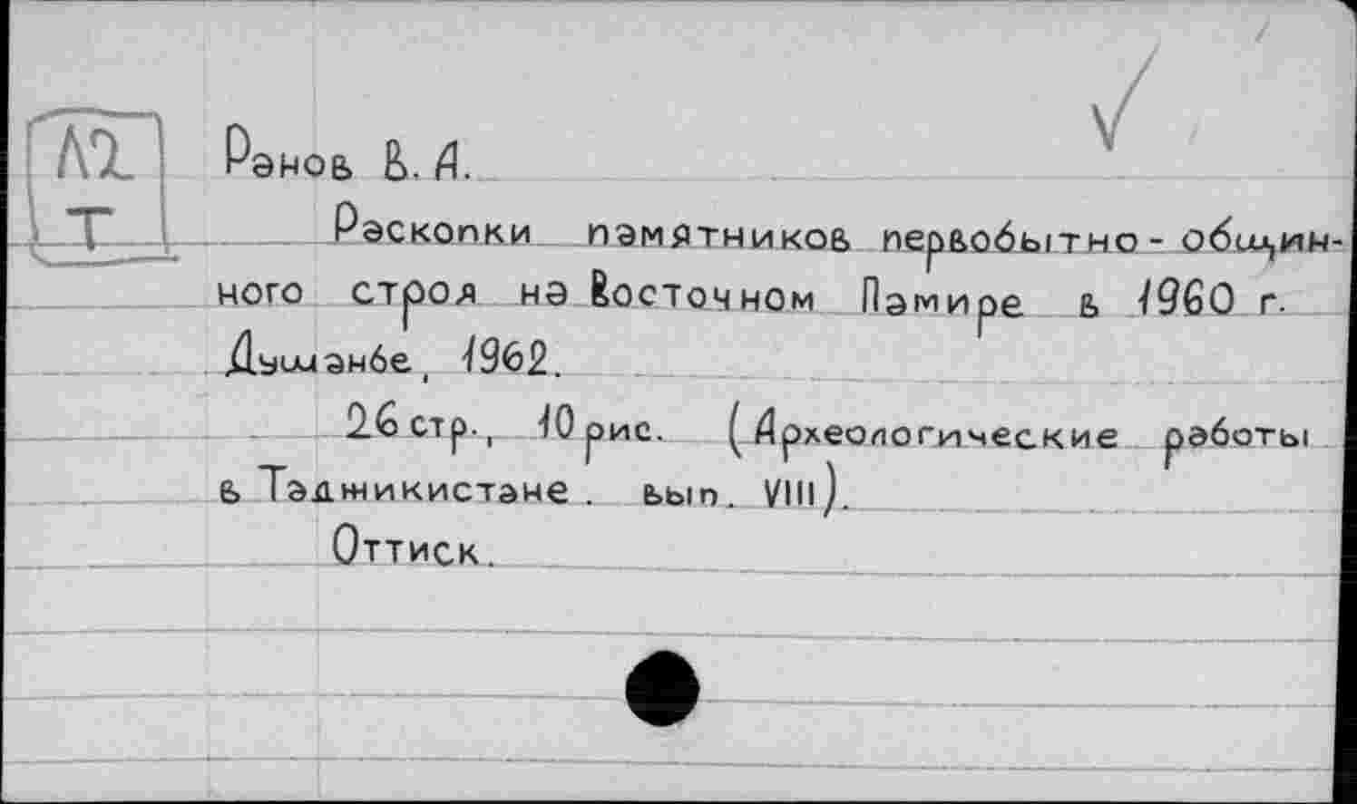 ﻿1
ГЛ7_ 1 Рэмов в. д.
) Т—V-------Рэскопки памятников первобытно - обмен-
ного строя на восточном Нэмире ь I960 Г-/lyuu энбе , 1962.
2.6 стр., 10 рис. Дрхеологимеские работы I ь Таджикистане . ьып. VIII).
Оттиск. 